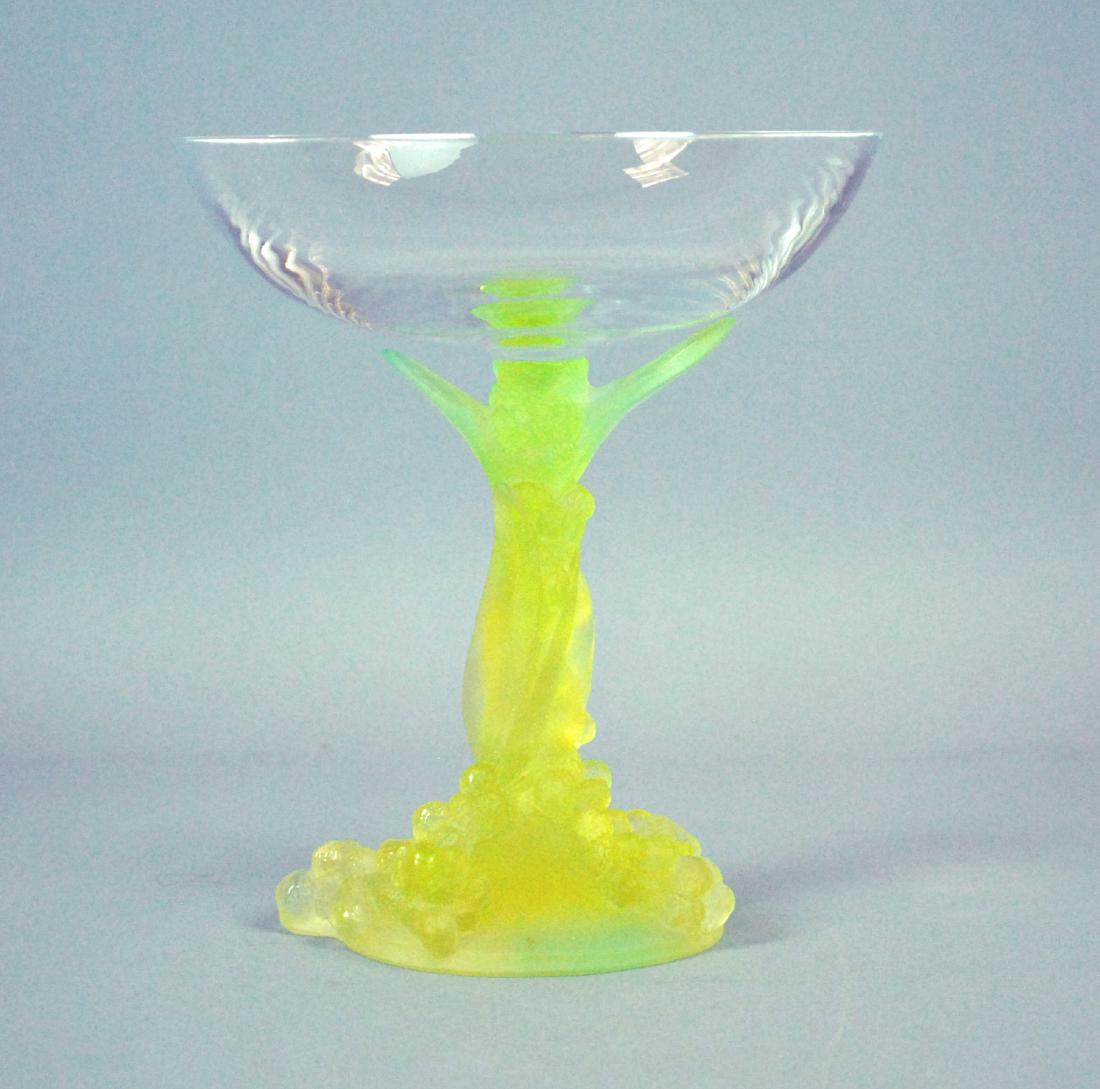 DAUM FRANCE PATE DE VERRE ART GLASS COPOTE: with grape-form pedestal in yellow, amethyst toned glass bowl, signed 'Daum, France', no condition issues, 7.5x6.5in.