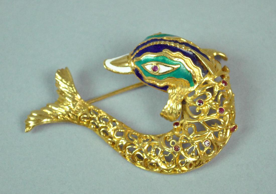 14K ENAMEL DOLPHIN PIN WITH RUBIES (1 of 2)