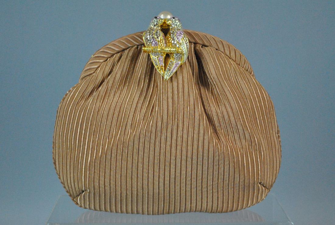 JUDITH LEIBER SATIN CAMEL CLUTCH: JUDITH LEIBER SATIN CAMEL CLUTCH purchased Saks Fifth Avenue, 1990’s, with original price tag, unused, push down double parrot closure set with crystals and cabochon eyes (one cabochon with line cra