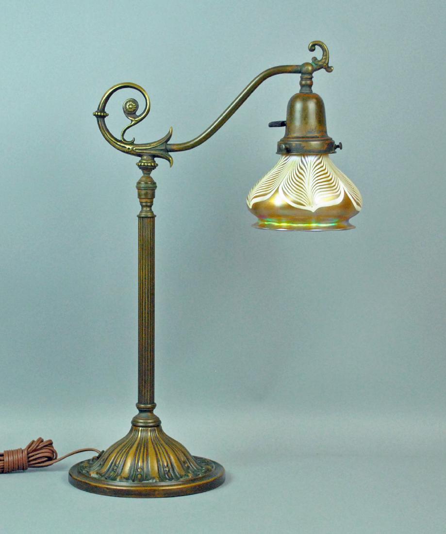 VINTAGE BRASS DESK LAMP & QUEZAL ART GLASS SHADE (1 of 4)