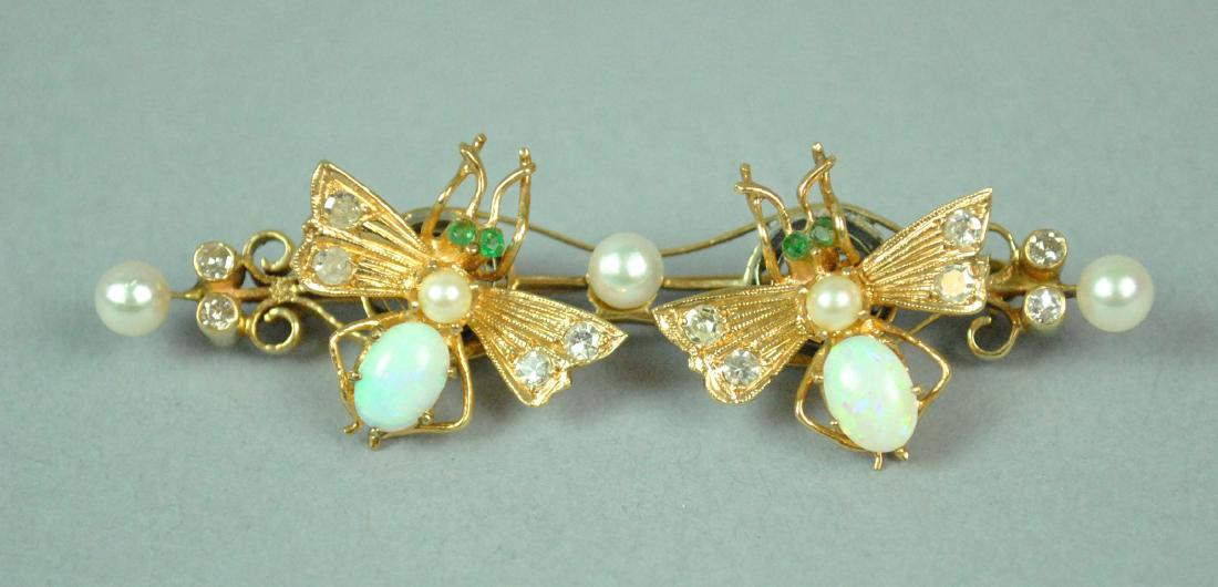 14K OPAL, DIAMOND & PEARL BUTTERFLY TREMBLER PIN (1 of 3)