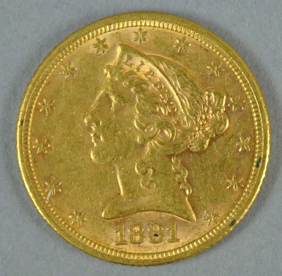 1881 $5 HALF-EAGLE US GOLD COIN (1 of 2)