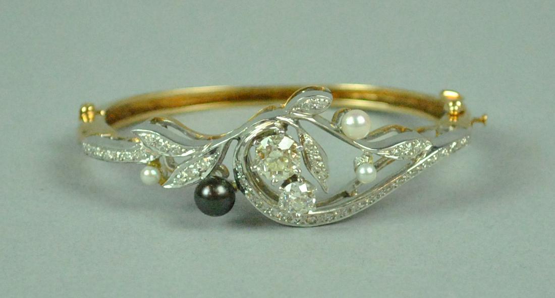 14K BICOLOR DIAMOND & PEARL BANGLE BRACELET (1 of 5)