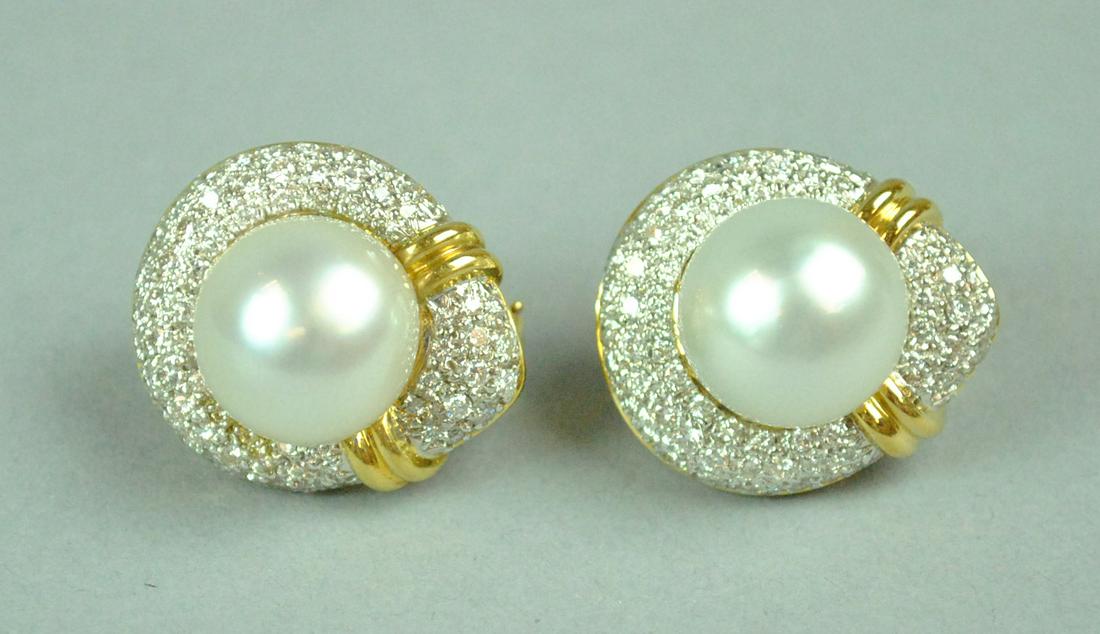 PAIR LARGE 18K PEARL & DIAMOND EARRINGS, 2.32CTW (1 of 3)