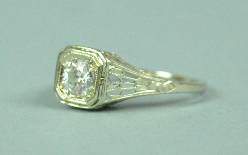 14K ART DECO FILIGREE DIAMOND RING, 0.45CT (1 of 4)