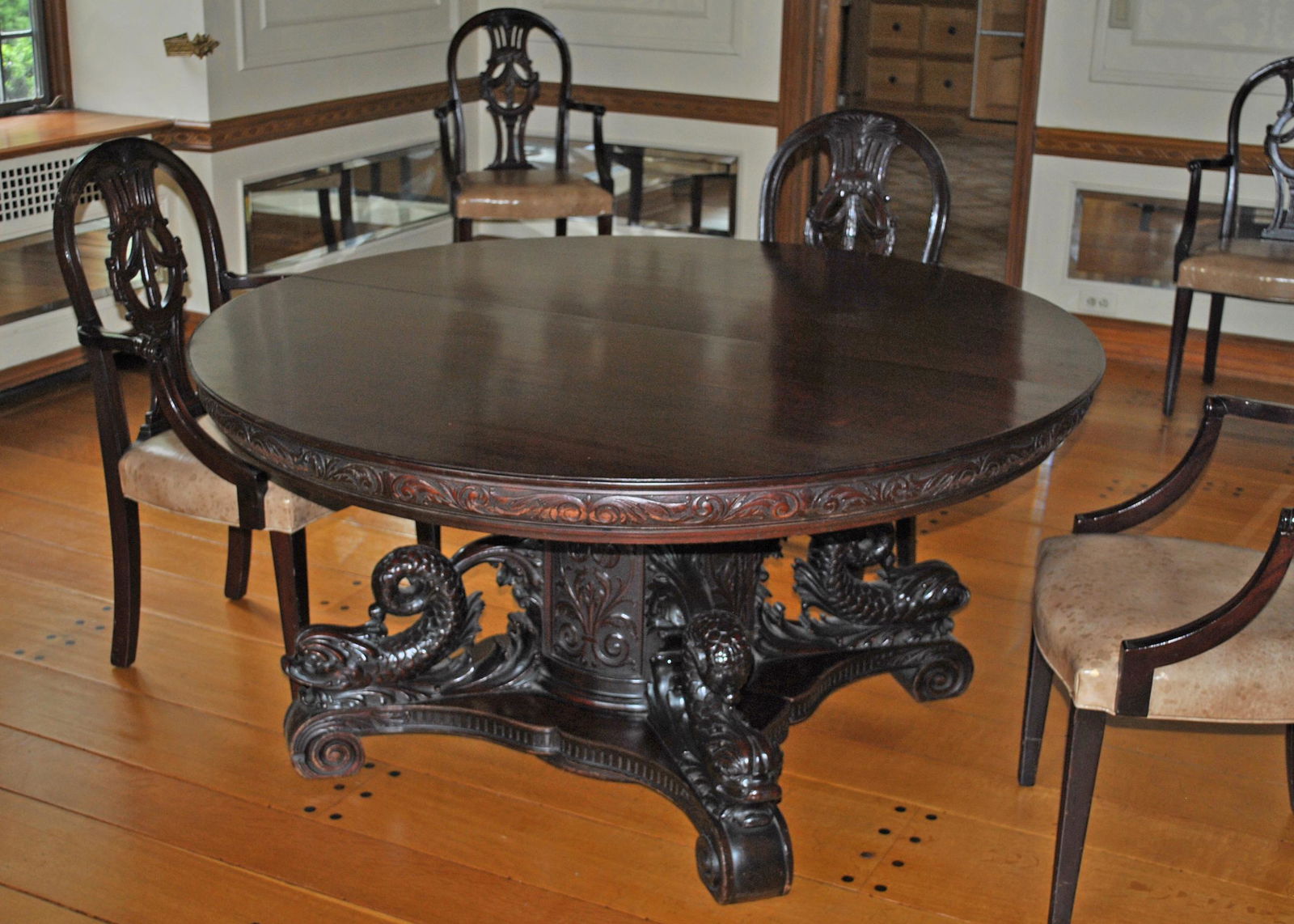 MAHOGANY DOLPHIN BASE DINING TABLE WITH 12 LEAVES (1 of 7)
