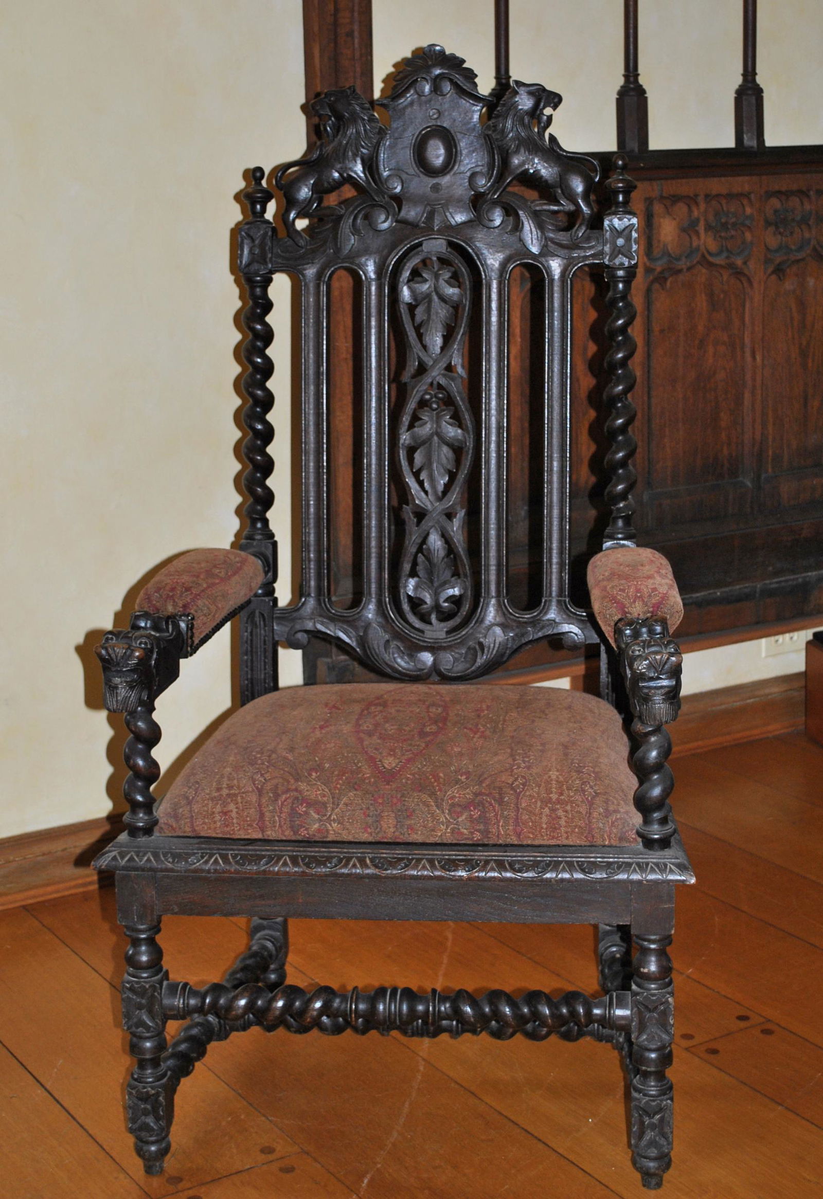 PAIR OF OAK CARVED HALL CHAIRS, EX SOTHEBY'S (1 of 12)
