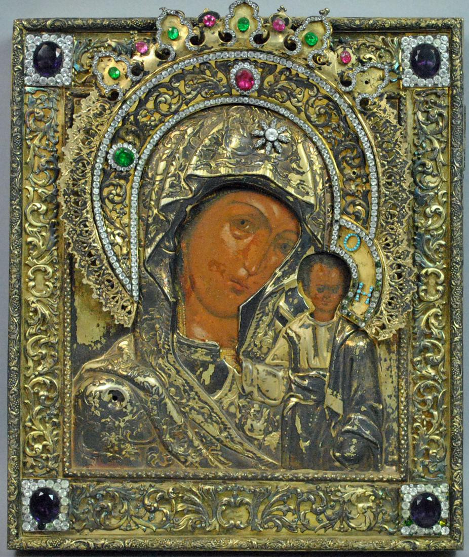 RUSSIAN SILVER & JEWELED ICON - OUR LADY OF KAZAN (1 of 10)