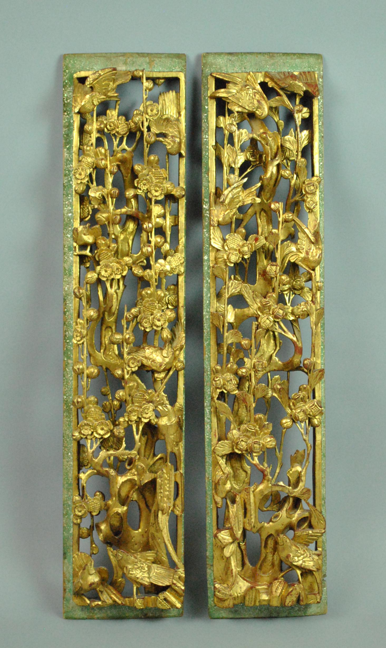 PAIR ANTIQUE CHINESE CARVED GILTWOOD PLAQUES (1 of 5)