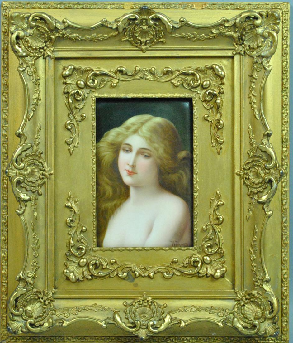 HUTSCHENREUTHER PORCELAIN PLAQUE ‘SOLITUDE': HUTSCHENREUTHER PORCELAIN PLAQUE ‘SOLITUDE' hand painted, artist signed ‘Wagner’, verso with impressed Hutschenreuther mark, stamped ‘Germany Solitude 107’, 3 frame corners nicely restored, 