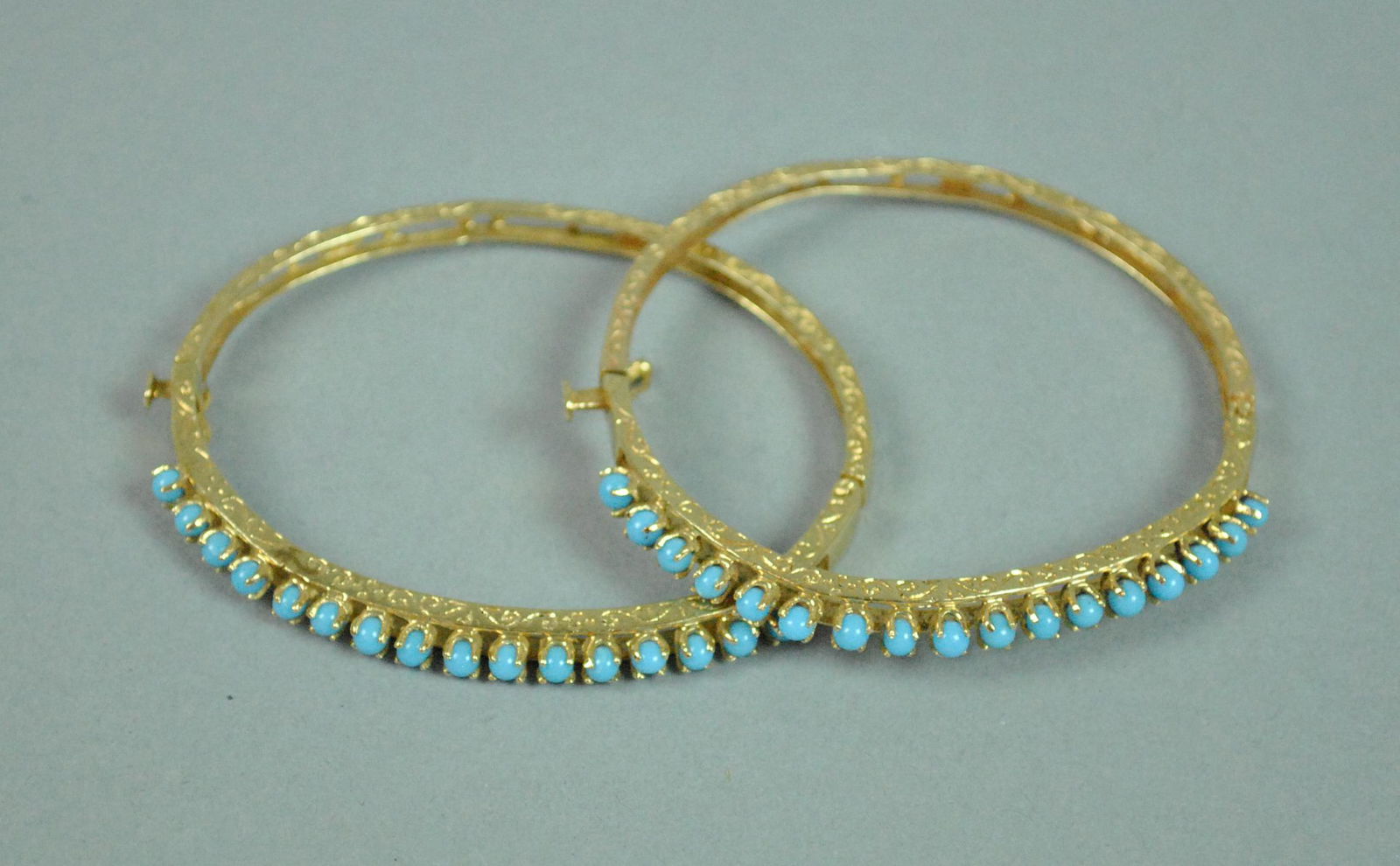 PAIR 14K TURQUOISE HINGED BANGLES (1 of 4)