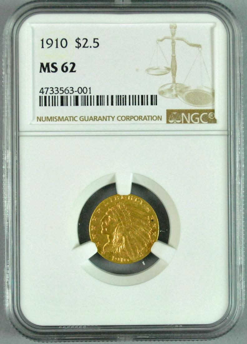 1910 INDIAN HEAD $2.50 GOLD COIN NGC MS62 (1 of 4)