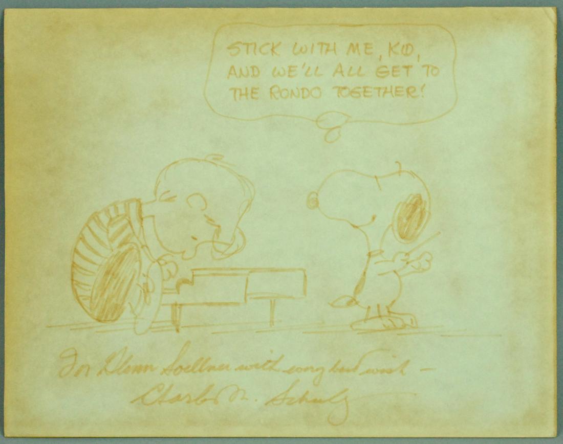 CHARLES SCHULZ SCHROEDER SPECIALTY SKETCH: CHARLES SCHULZ SCHROEDER SPECIALTY SKETCH original marker art, c.1970, depicting Schroeder at the piano with Snoopy saying ‘Stick with me, kid, and we'll all get to the Rondo together!’, presentat