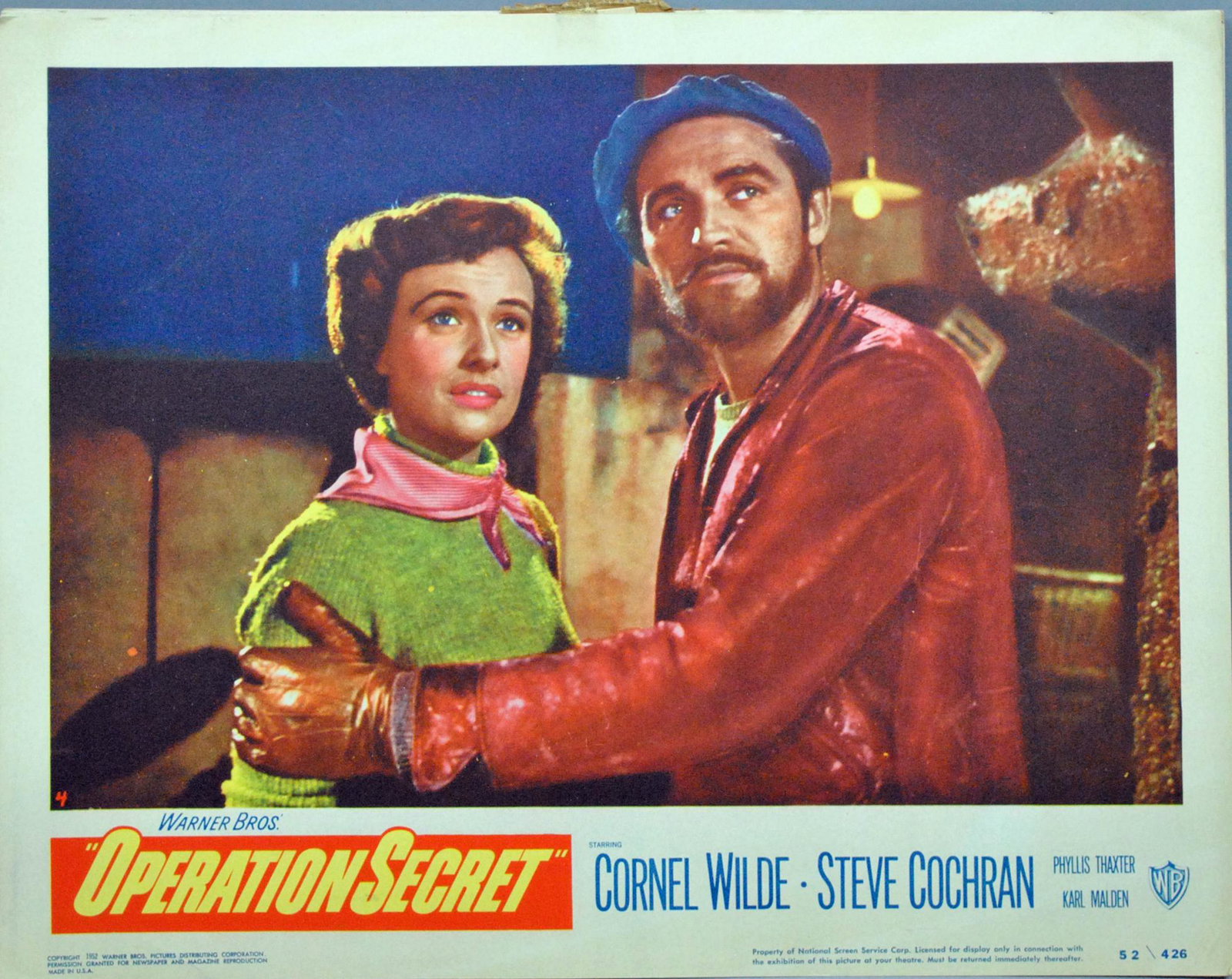 SET OF 8 MOVIE LOBBY CARDS FOR OPERATION SECRET: SET OF 8 MOVIE LOBBY CARDS FOR OPERATION SECRET starring Cornel Wilde & Steve Cochran, Paramount Pictures, 1952, 11x14in., 5 cards undamaged except for minor soiling and edge rubs, remainder with tape