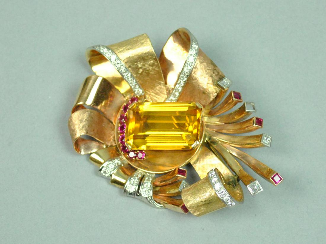 LARGE RETRO CITRINE, RUBY & DIAMOND CLIP BROOCH (1 of 2)