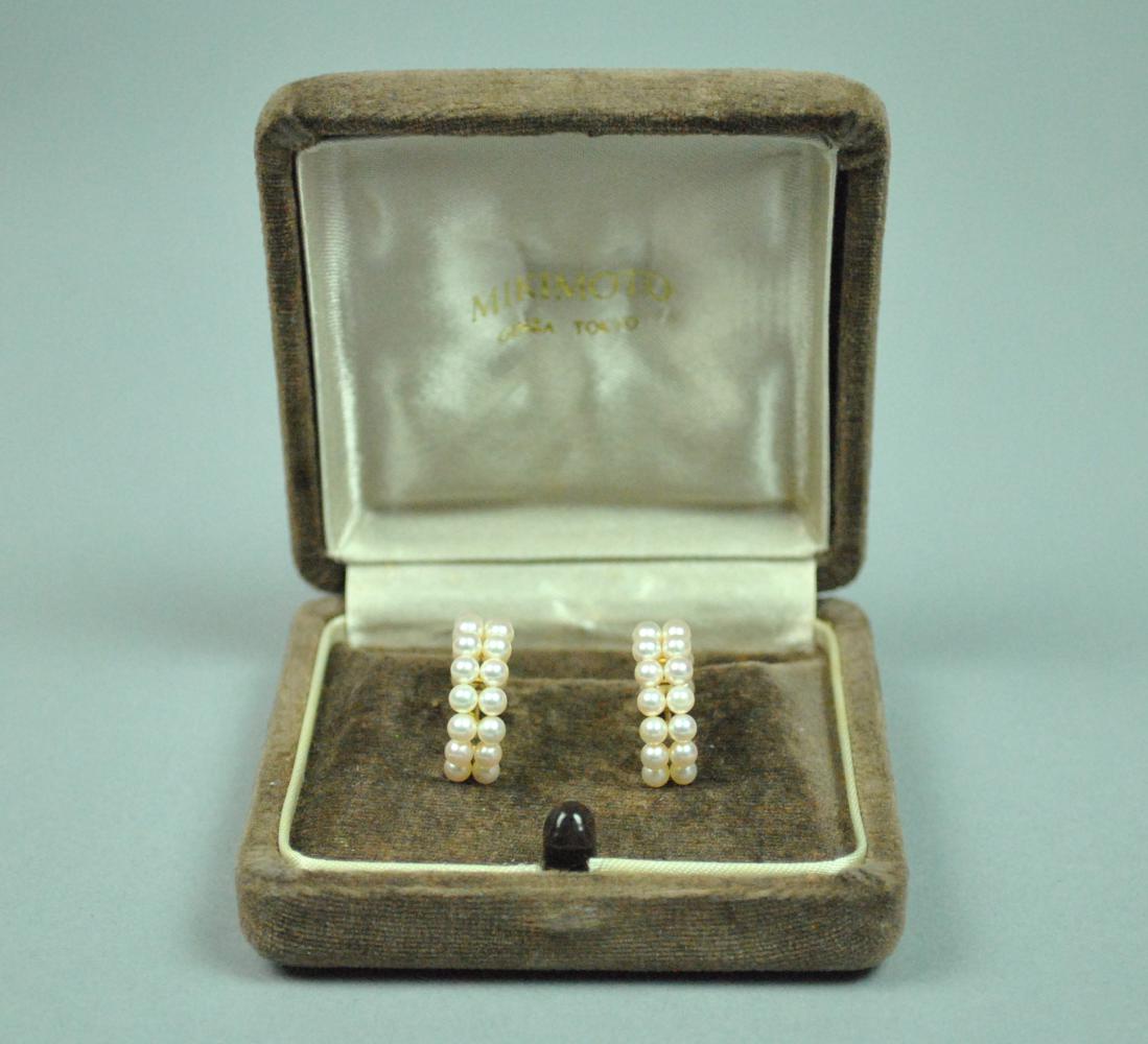 PAIR 18K MIKIMOTO HALF HOOP PEARL EARRINGS (1 of 3)