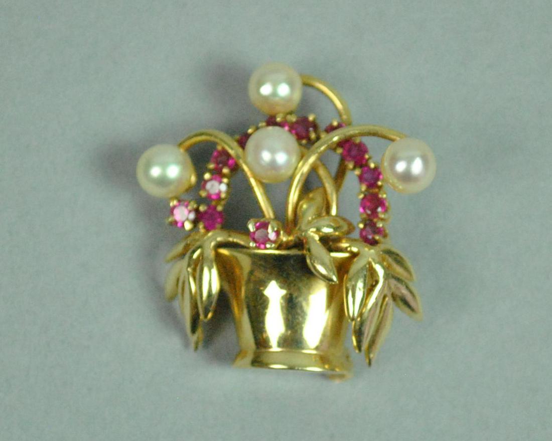 14K PEARL & RUBY FLOWER BASKET PIN (1 of 2)