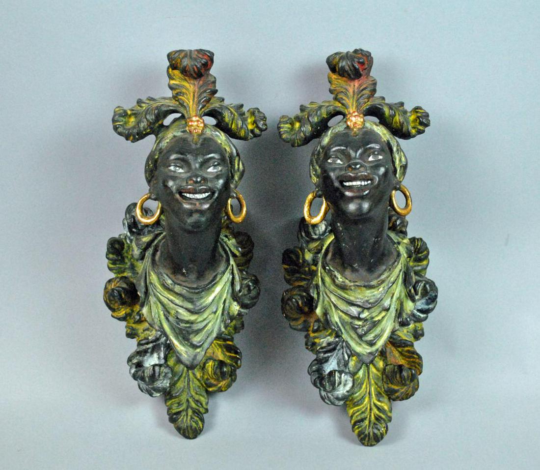 PAIR CARVED WOOD & GESSO BLACKAMOOR WALL PLAQUES (1 of 6)