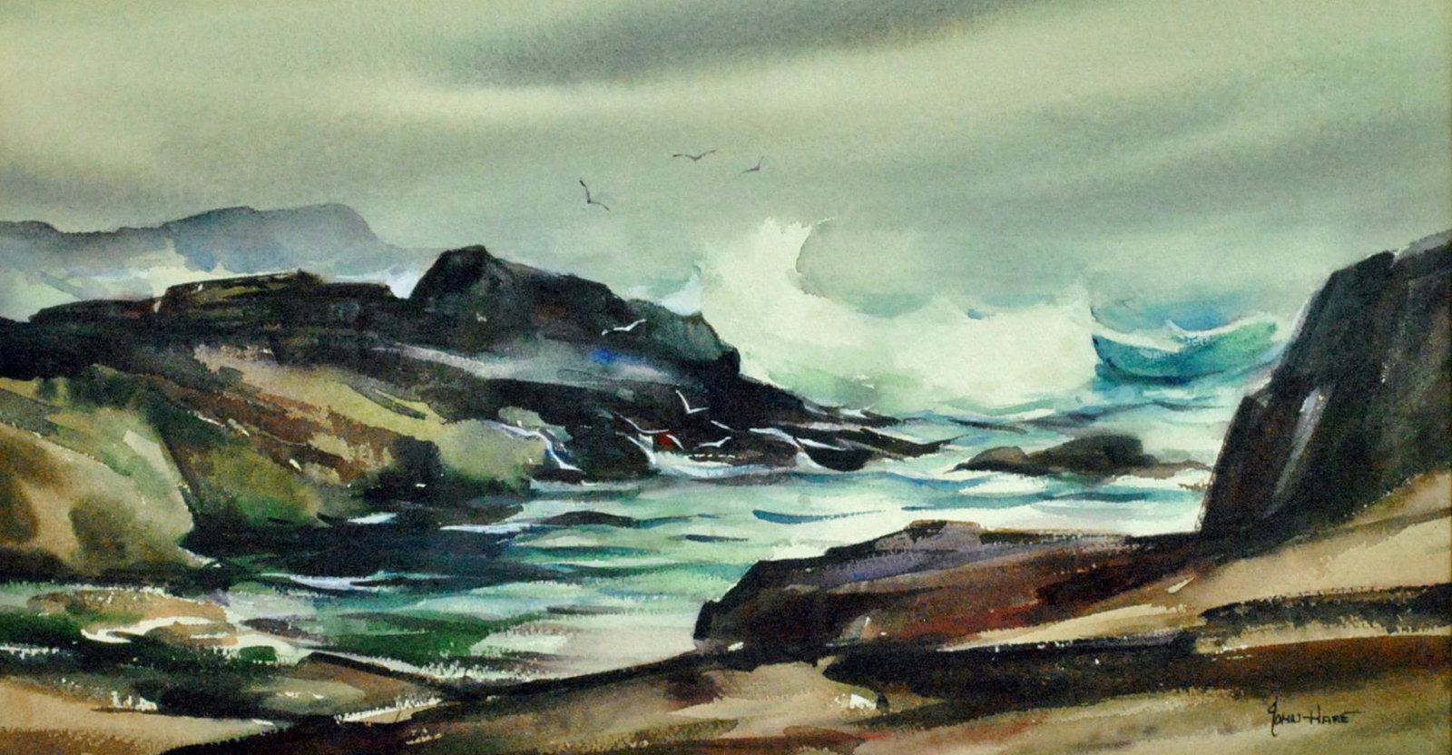 JOHN CUTHBERT HARE (American, 1908-1978): shoreline scene with seagulls, watercolor, signed 'John Hare' (lower right), no condition issues, 21.5x11.5in., overall framed 30x19in.