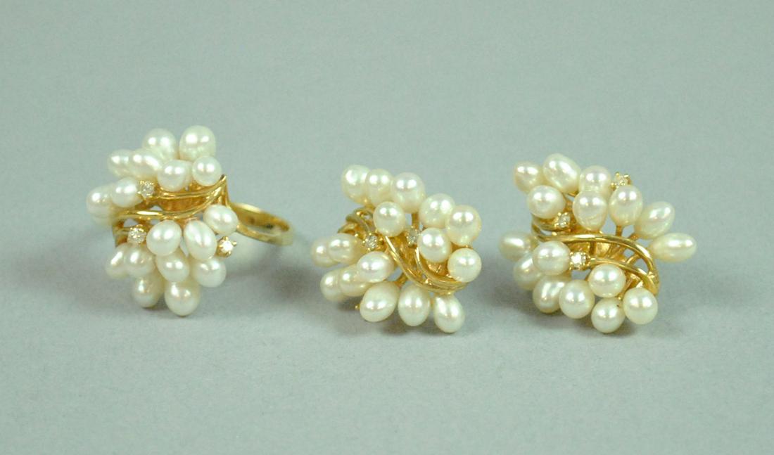 14K PEARL & DIAMOND RING & EARRING PARURE (1 of 6)