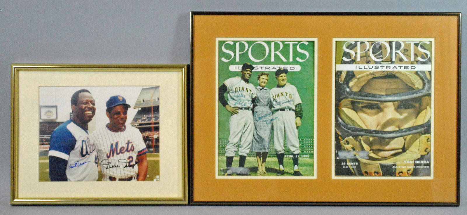 BILL MADDEN BASEBALL MEMORABILIA & AUTOGRAPHS: includes 2 framed Sports Illustrated magazines, one the First Baseball Preview issue from April 11, 1955, bearing both the images and autographs of NY Giants center fielder Willie Mays, manager Leo Du