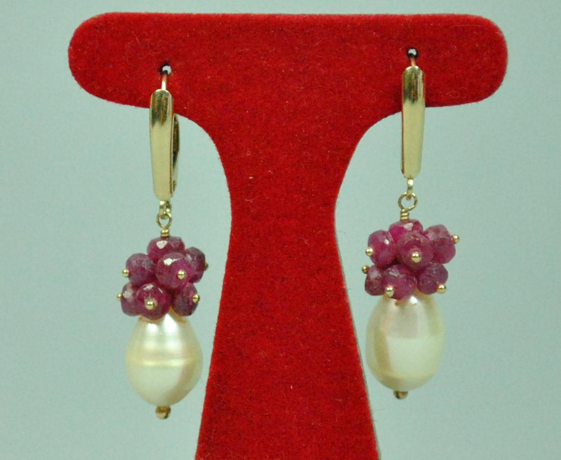 PAIR 14K RUBY & PEARL DROP PENDANT EARRINGS (1 of 1)