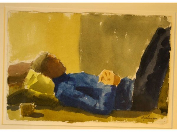 RICHARD SEGALMAN (American, b.1934): Robert in Blue Sweater" (Afternoon . Blue Sweater), watercolor on paper, signed at lower left, verso with gallery label of Walker, Kornbluth Art Gallery, Fair Lawn, NJ, 7x11in."