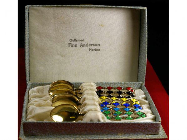SET OF 6 FINN ANDERSEN GILT STERLING SPOONS: with enamel decoration, in original presentation box