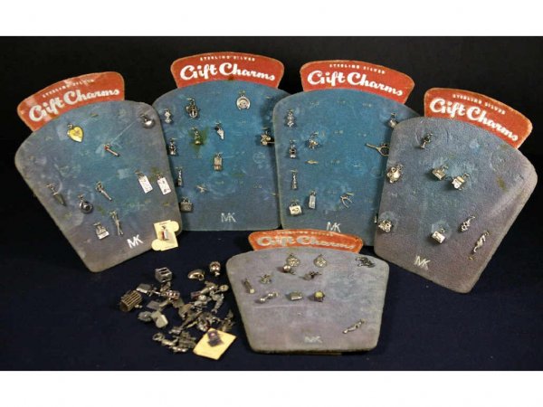 80+ VINTAGE STERLING CHARMS: most mechanical, most on original MK gift charm retail cards, mechanical charms include carousel, bear, locomotive, cocktail shaker with red devil, waffle maker, doctor's bag, lobster trap, grand pian