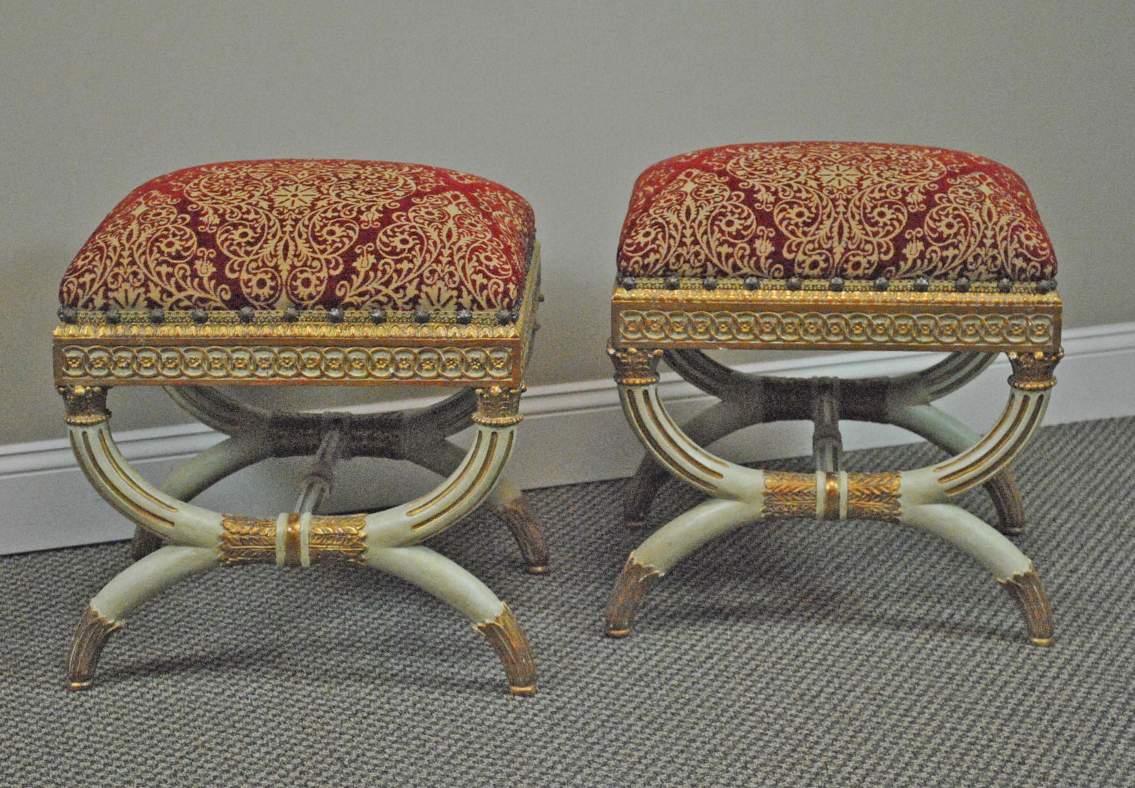PAIR NEOCLASSICAL STYLE UPHOLSTERED STOOLS (1 of 6)