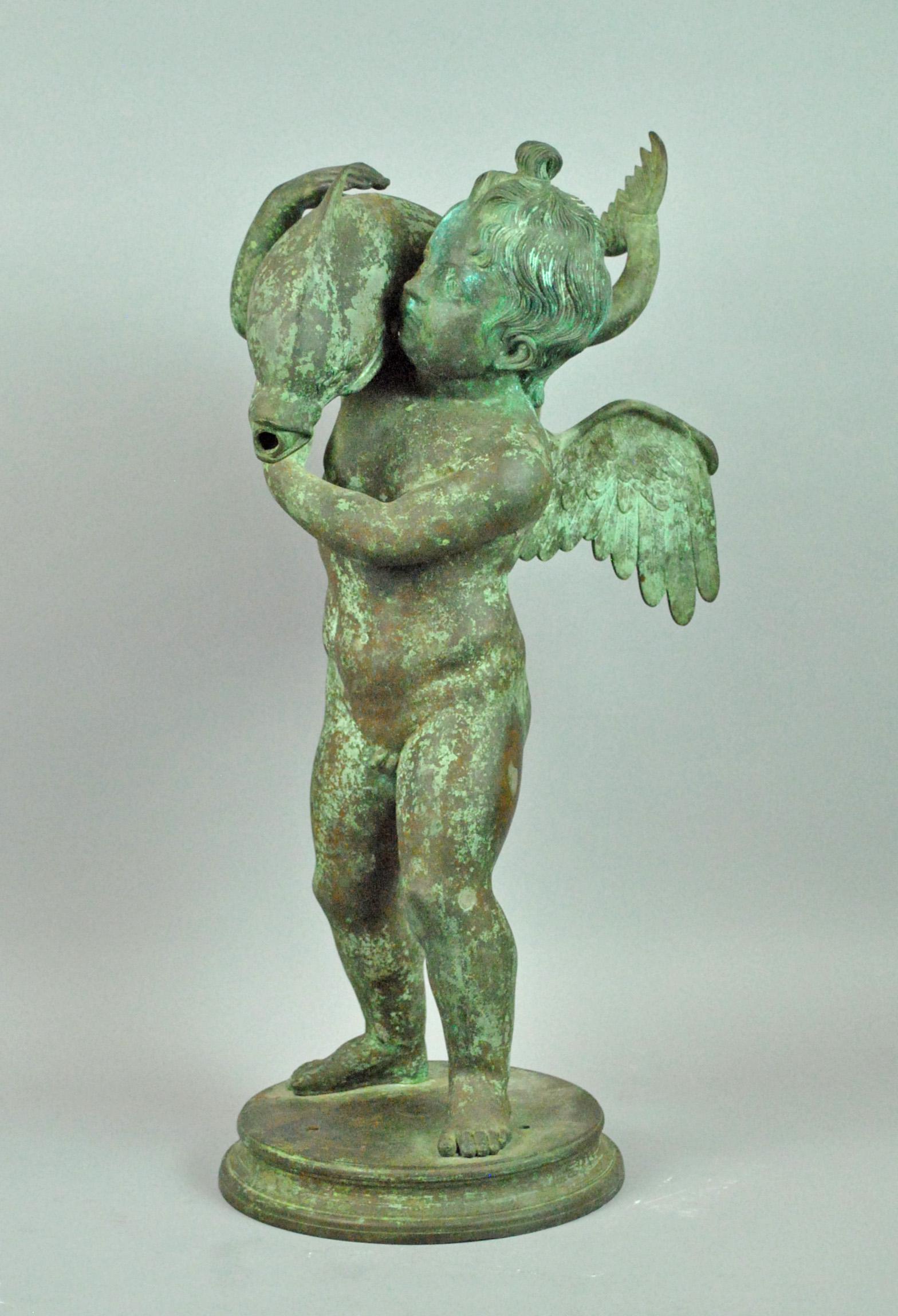 ITALIAN BRONZE CHERUB & DOLPHIN FOUNTAIN: late 19th/early 20thC., with likely Chiurazzi of Naples circular foundry mark to top of base, old break to bronze water tube connection between cherub's lower hand and dolphin, 2 drilled mounting hole