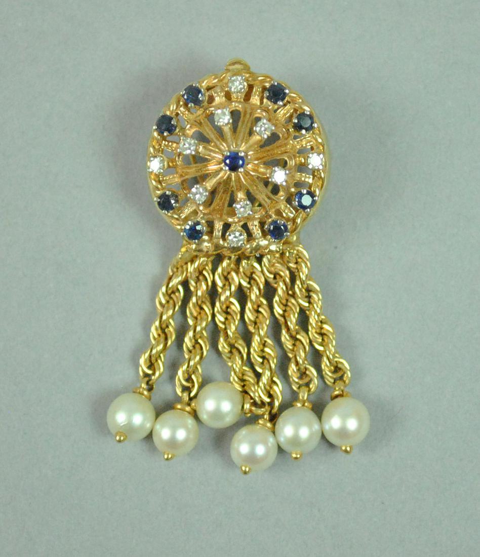 14K DIAMOND, SAPPHIRE & PEARL TASSEL PENDANT: set with 19 round diamonds and sapphires approx. 0.56 carats, accented with 6 pearl dangles, in yellow gold, tests 14K, double snap down bale, overall length 1.9in., 11.5gms.