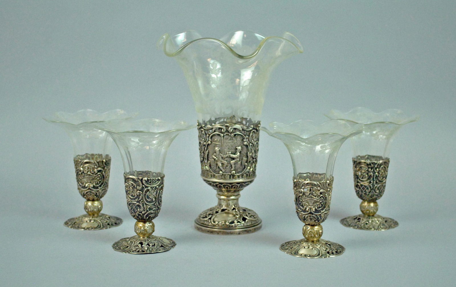 (5) PIECE GERMAN SILVER & GLASS VASE GROUP (1 of 4)