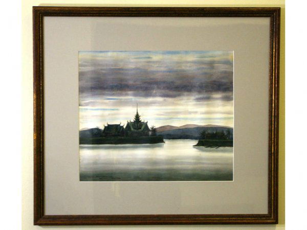 CHARLES BASKERVILLE (American, 1896-1994): "Temple on the River, Ayuthya, Thailand", watercolor with traces of pencil, titled verso, 14x16in.