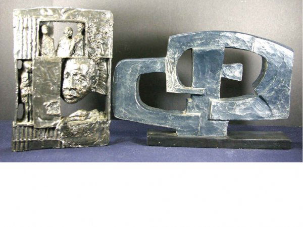 TWO ABSTRACT FORMS BY SCULPTURE COLLECTORS: in cast resin, includes one after Dorothy Dehner, and one incised illegibly, each with incised date '69, both with Sculpture Collector's monogram, largest 9x14in.