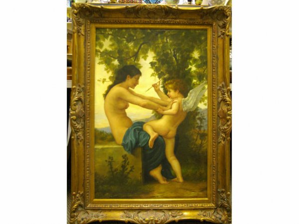 ALLEGORICAL PAINTING AFTER WILLIAM BOUGUEREAU: "Young Girl Defending Herself against Eros", oil on canvas, 36x24in.