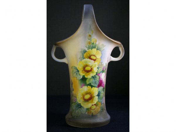 NIPPON 3-HANDLED FLORAL VASE, 10in.