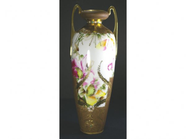 PORCELAIN FLORAL VASE IN THE MANNER OF NIPPON: in hand-painted floral motif with gilt decoration and enamel beading, 12in.