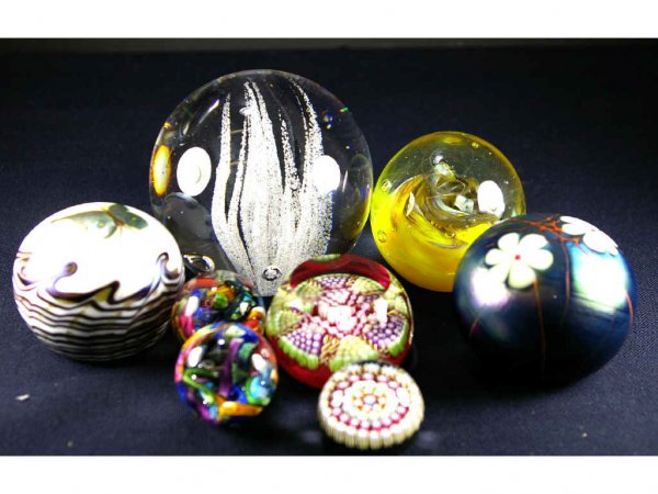 EIGHT CONTEMPORARY PAPERWEIGHTS: including two weights (or marbles) by Tim Sweet, a weight with Perthshire label, one illegibly signed inscribed "Northern Star" dated '75, etc.