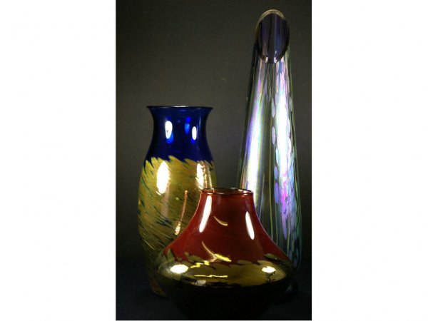 THREE SIGNED CONTEMPORARY ART GLASS VASES: two signed M. Tampol dated '96 and '01, and one attributed to Tim Lazer dated 2000, tallest 18in.