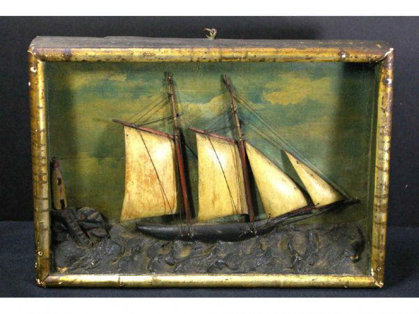 MARITIME DIORAMA OF A TWO MASTED SCHOONER: having carved wooden ship, masts and sails, string rigging, lighthouse and stairs, painted sky background, likely 19th century, 9x12in.