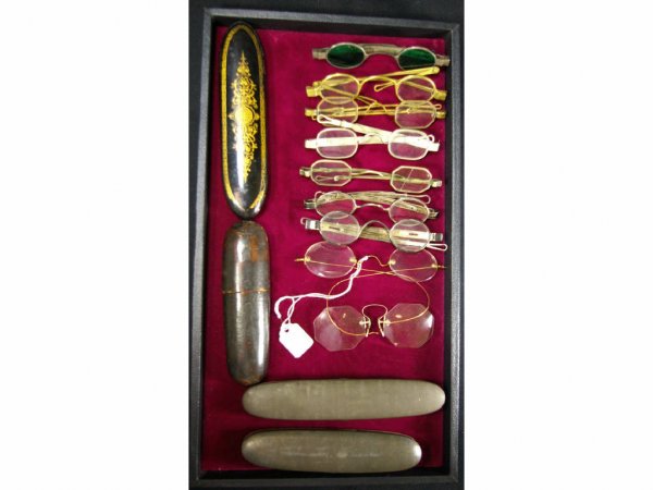 GROUP OF 13 ANTIQUE SPECTACLES AND CASES: including two 14K examples, sharpshooter pair, most with adjustable temples, one signed W. Beecher, another McAllister, two papier mache cases and two zinc cases
