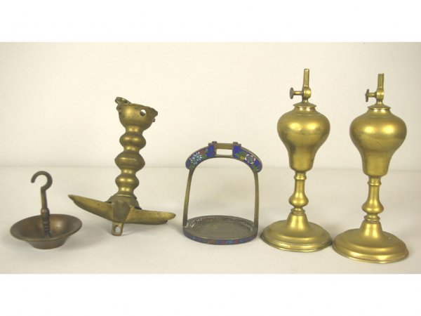 FIVE EARLY LIGHTING ARTICLES: including a pair of whale oil lamps, a champleve hanging candle tray, and hanging oil lamps, losses, tallest 10in. The Knoop Collection