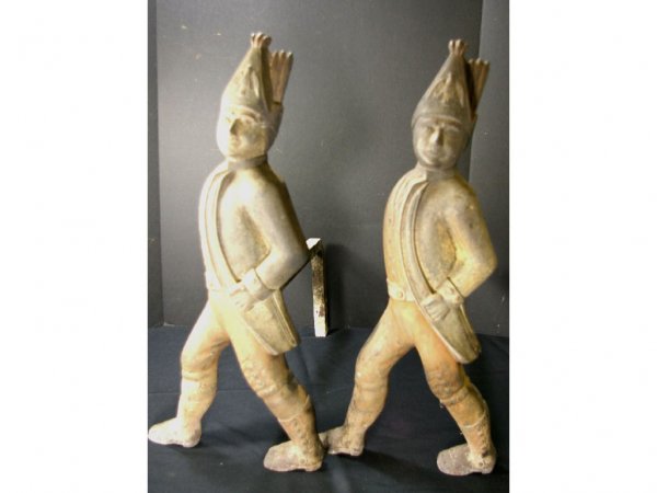 PAIR OF CAST IRON HESSIAN SOLDIER ANDIRONS, 20in.