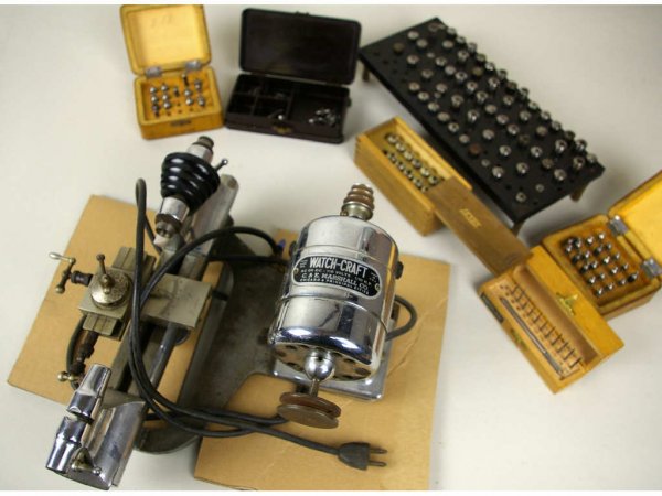 CLOCKMAKER'S WATCH-CRAFT LATHE: by C&E Marshall Co., with assorted chucks and accessories