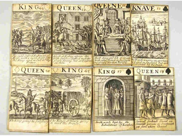 RARE SET OF ANTIQUE BRITISH PLAYING CARDS: incomplete pack with 50 of 52 playing cards illustrating the events leading to the Revolution of 1688, title of each card at bottom margin, suit mark and value at top, 2 & K of Clubs missing, backs pl