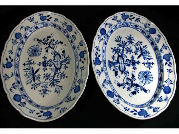 TWO MEISSEN BLUE ONION SERVING PLATTERS: in oval form, each with blue crossed swords mark, 16in.