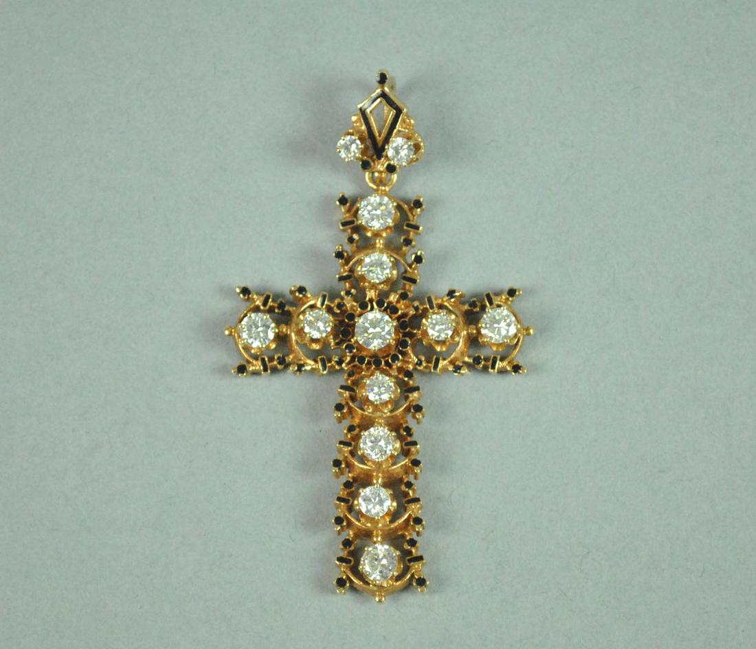 LARGE 14K DIAMOND & BLACK ENAMEL CROSS PENDANT (1 of 3)