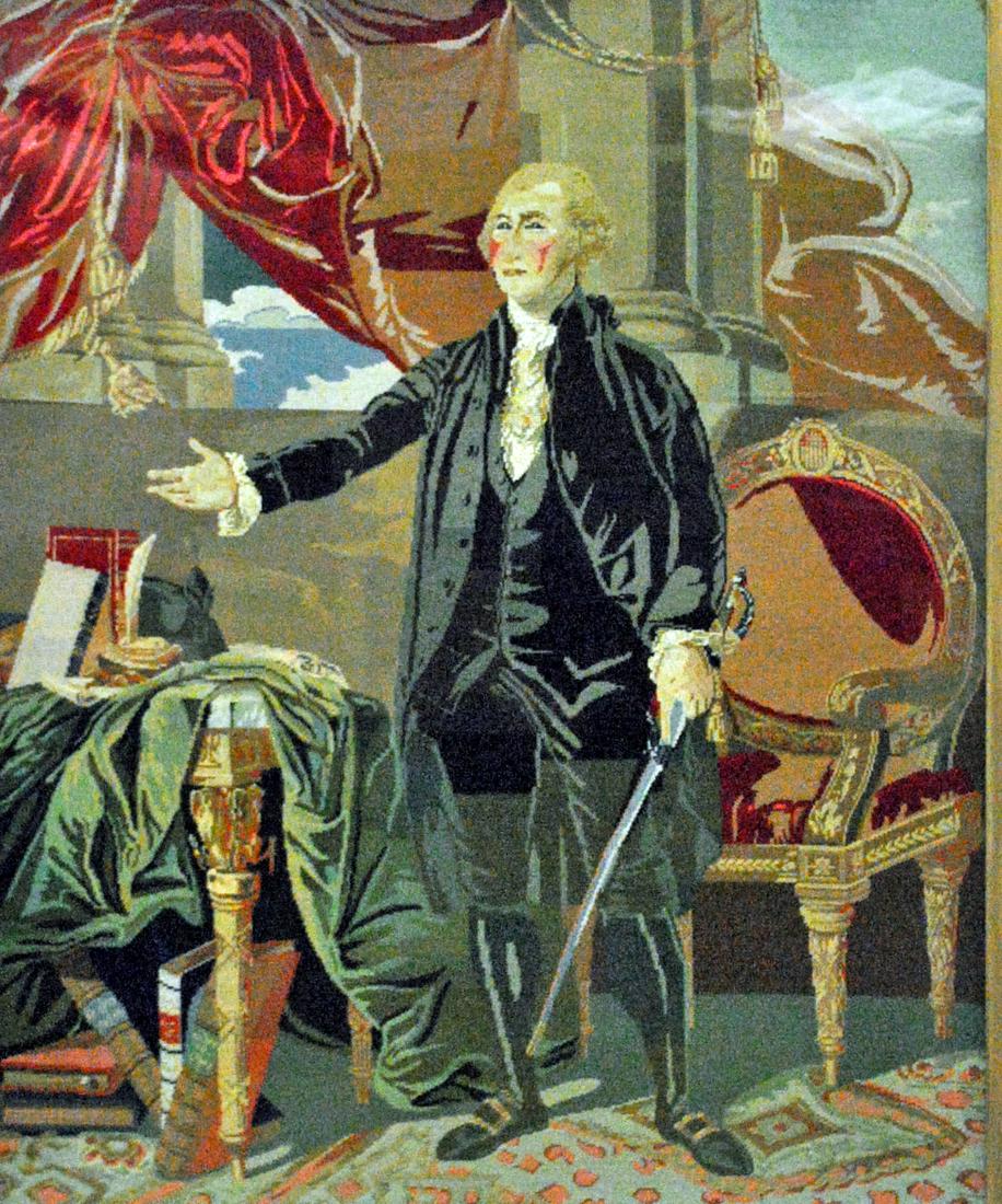LARGE BERLIN WORK GEORGE WASHINGTON PORTRAIT: 19th/20thC., the image after Gilbert Stuart's 'Lansdowne' portrait, in brightly colored wool, silk, and chenille, in wood and gesso frame, affixed placard reads "Geo. Washington, Worked by Ann Eliza H