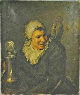 ATTR. TO OGDEN MINTON PLEISSNER (VT/NY, 1905-1983): Malle Babbe after Frans Hals, oil on canvas, signed 'Pleissner' in marker on the stretcher, an accompanying note reads.."The artist painted this picture (copy) for his wife! Signed on the back", good